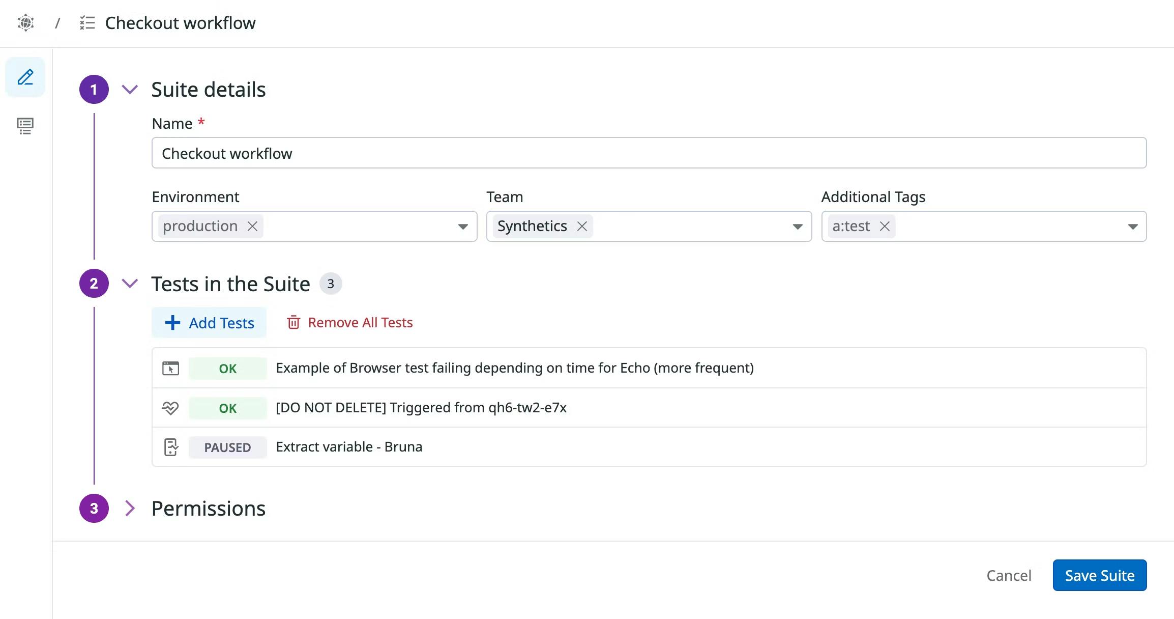 A screenshot showing the creation of a test suite, including choosing specific tests to include in the suite.