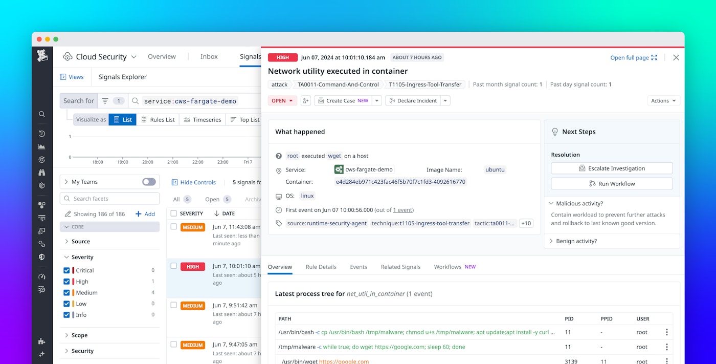 Get real-time threat detection for AWS Fargate ECS and EKS environments with Datadog Cloud Security Get real-time threat detection for AWS Fargate ECS and EKS environments with Datadog Cloud Security