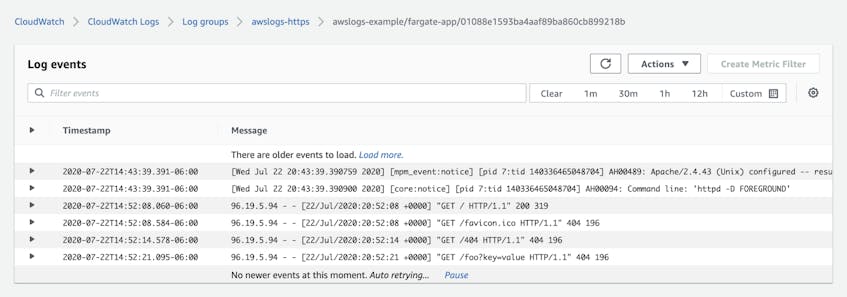 The CloudWatch Logs console shows six logs from the awslogs-https logs group, four of which log GET requests to the HTTP server.