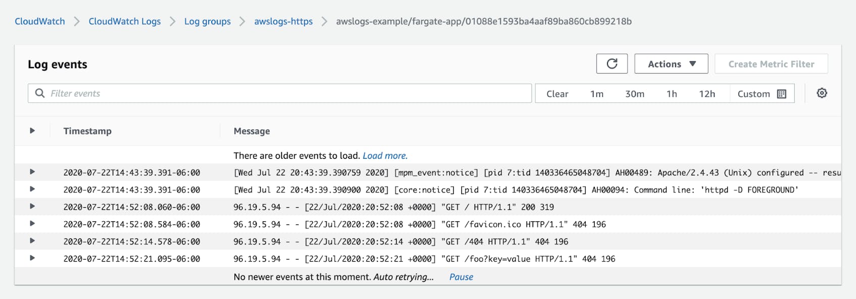 The CloudWatch Logs console shows six logs from the awslogs-https logs group, four of which log GET requests to the HTTP server.