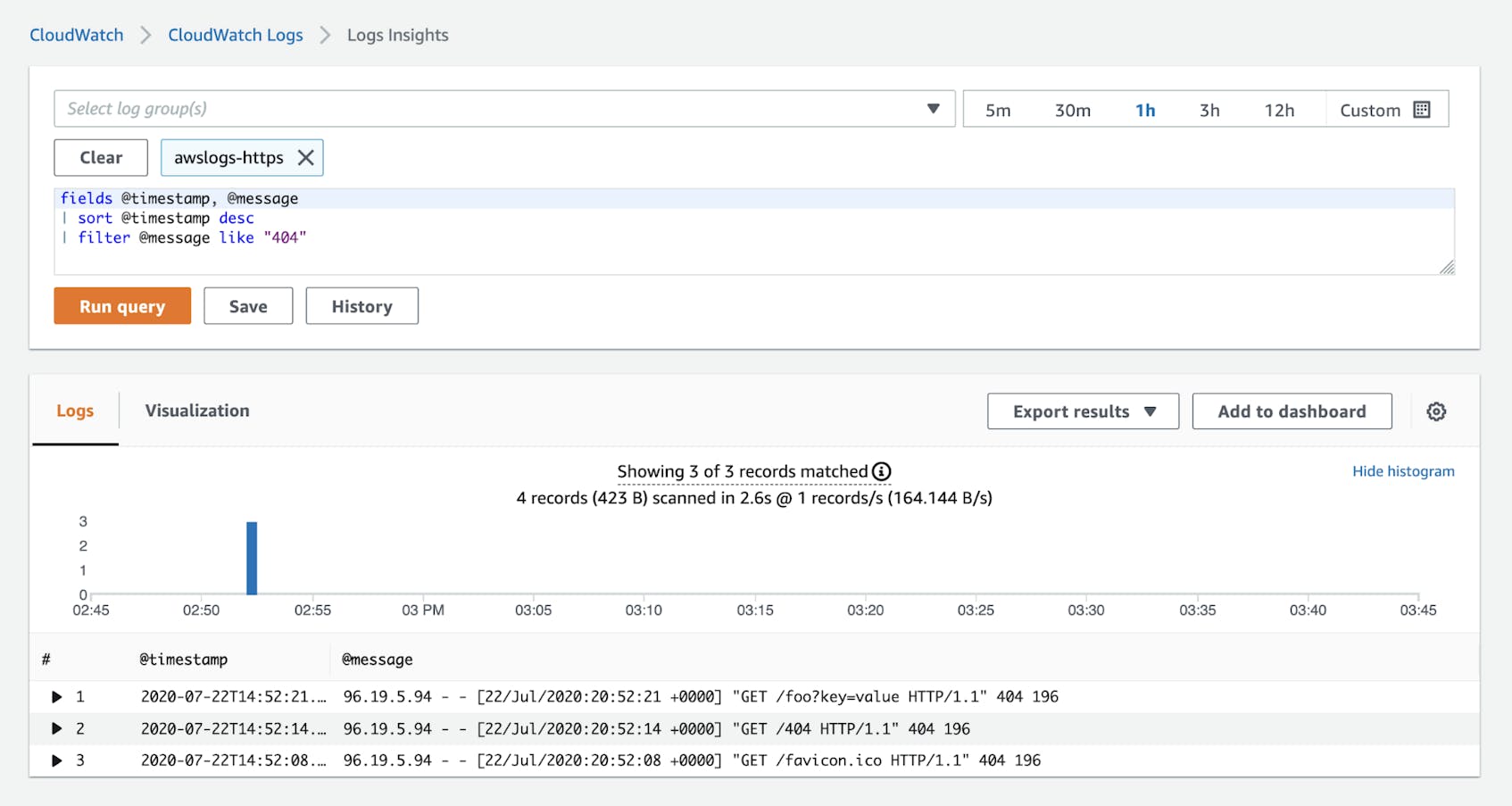 A CloudWatch Logs Insights query appears on the top of the page, and the query result is visualized on the bottom of the page as a histogram and a list of logs that match the query parameters.