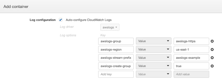 The Add Container section of the screen to create a new ECS task shows fields for entering the AWS logs group, the AWS logs region, and the AWS logs stream prefix.