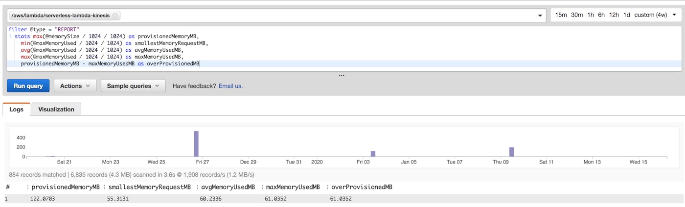 Use AWS CloudWatch Insights to query data about your Lambda functions. Use AWS CloudWatch Insights to query data about your Lambda functions.