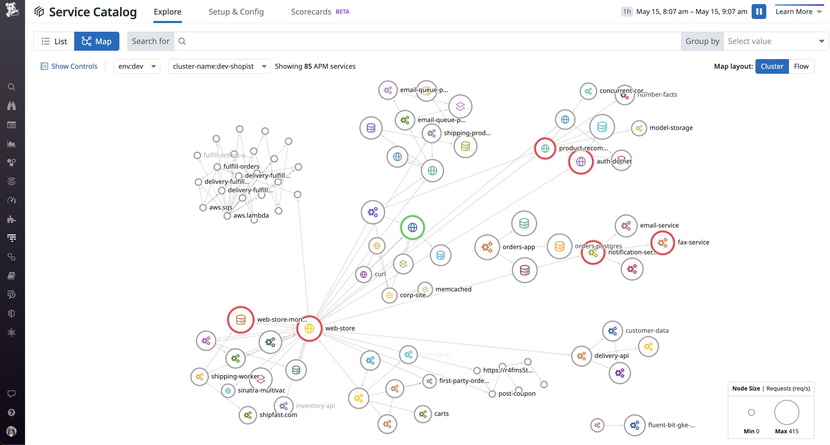 Datadog's Service Map for serverless visualizes how your Lambda functions fit into your services. Datadog's Service Map for serverless visualizes how your Lambda functions fit into your services.
