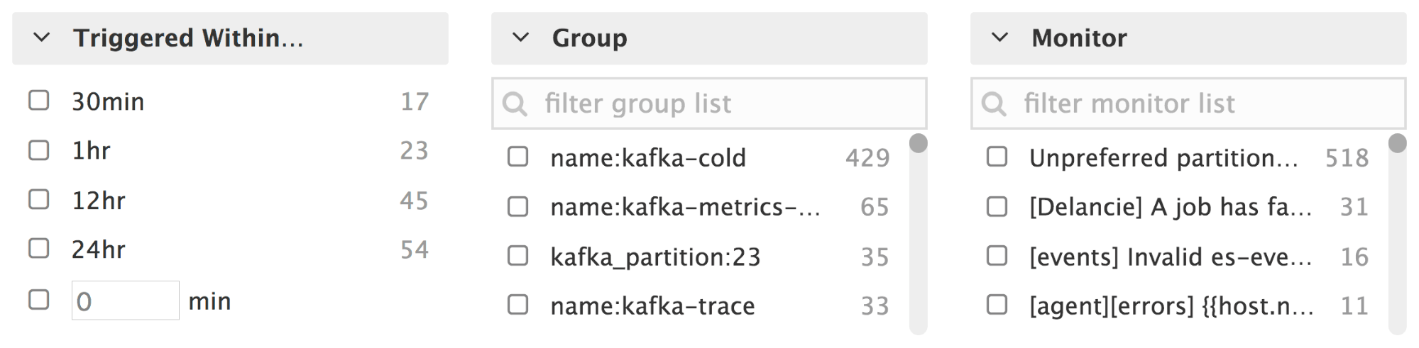 Filter triggered monitors by how recently it was triggered, by group, or by name Filter triggered monitors by how recently it was triggered, by group, or by name