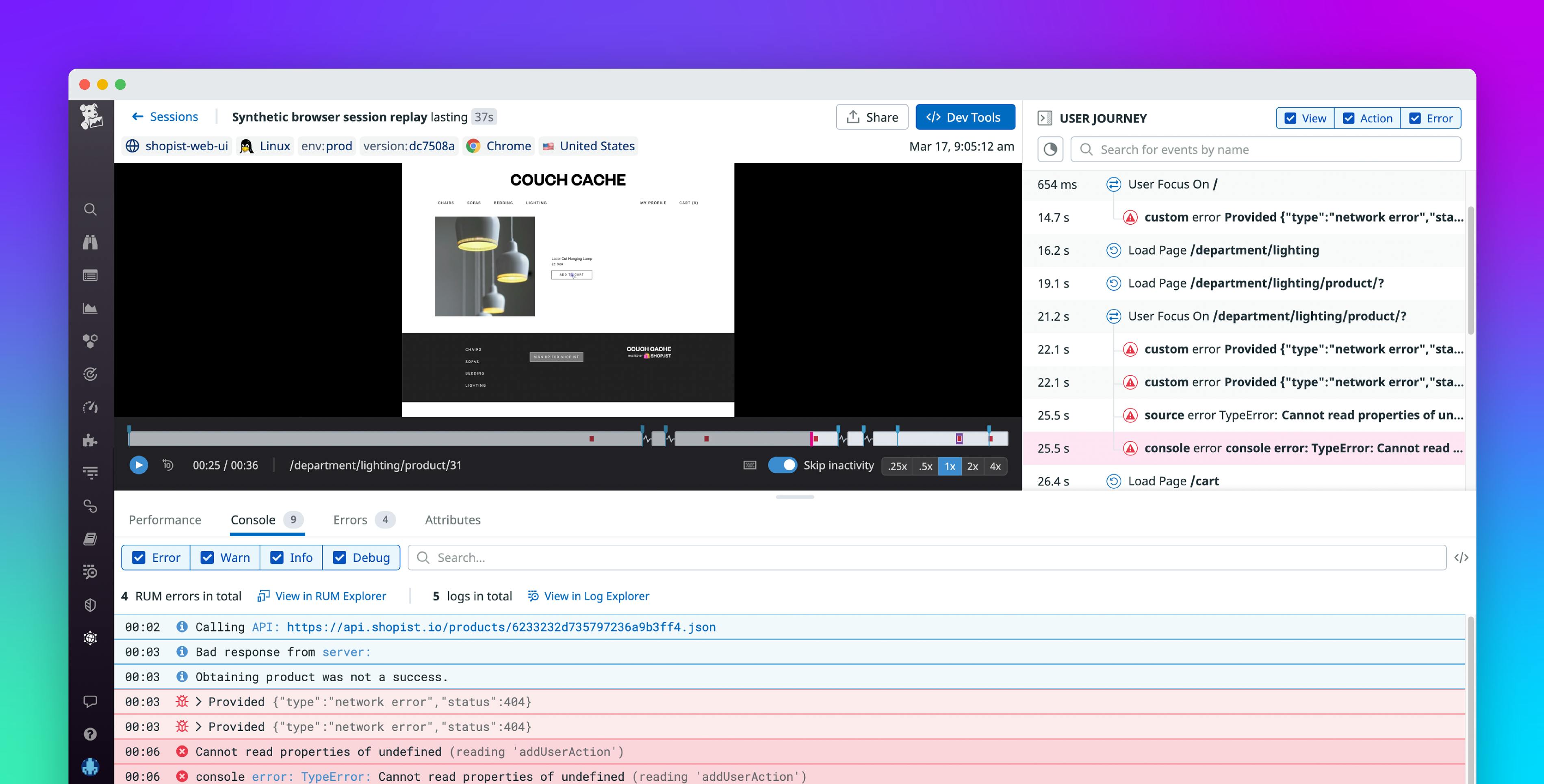 Troubleshoot directly from any replay with Browser Dev Tools