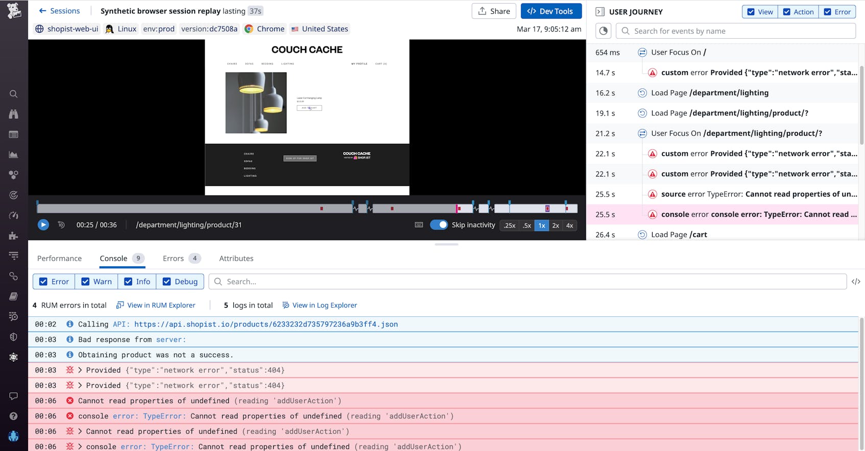 View error logs in the console tab