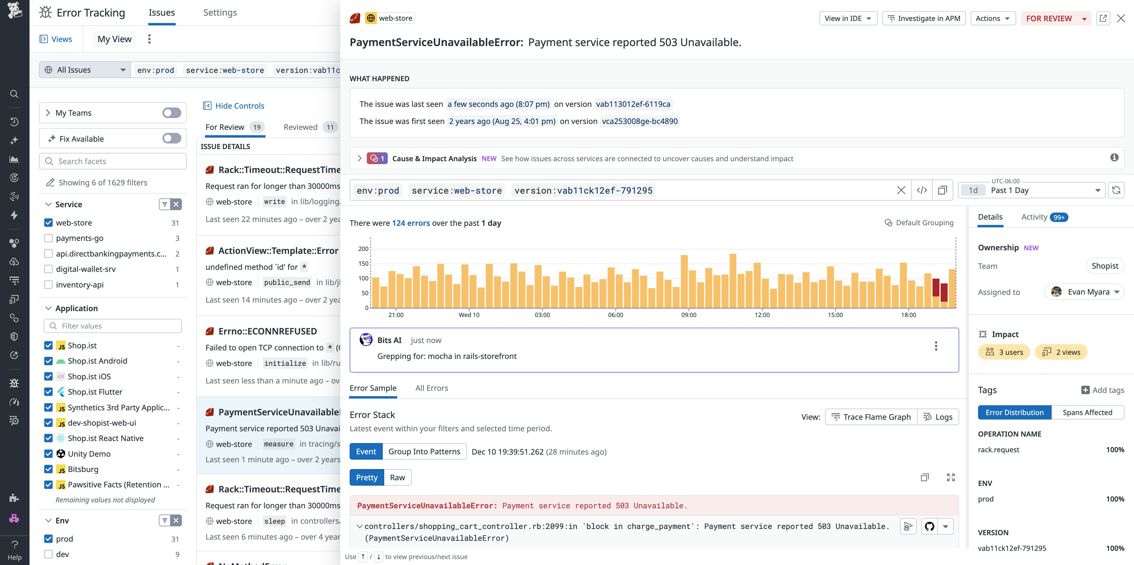 A Datadog Error Tracking interface showing an issue called “PaymentServiceUnavailableError: Payment service reported 503 Unavailable.” The left sidebar lists filtered issues across services such as web-store, payments-go, and inventory-api. The main panel shows details for the selected error, including environment, service, version tags, and a 24-hour bar chart of error volume. The right sidebar displays ownership information, assigned team member, and impact metrics indicating affected users and views. Below the chart, the error stack trace highlights a Rails controller line where the payment failure occurred. A Datadog Error Tracking interface showing an issue called “PaymentServiceUnavailableError: Payment service reported 503 Unavailable.” The left sidebar lists filtered issues across services such as web-store, payments-go, and inventory-api. The main panel shows details for the selected error, including environment, service, version tags, and a 24-hour bar chart of error volume. The right sidebar displays ownership information, assigned team member, and impact metrics indicating affected users and views. Below the chart, the error stack trace highlights a Rails controller line where the payment failure occurred.