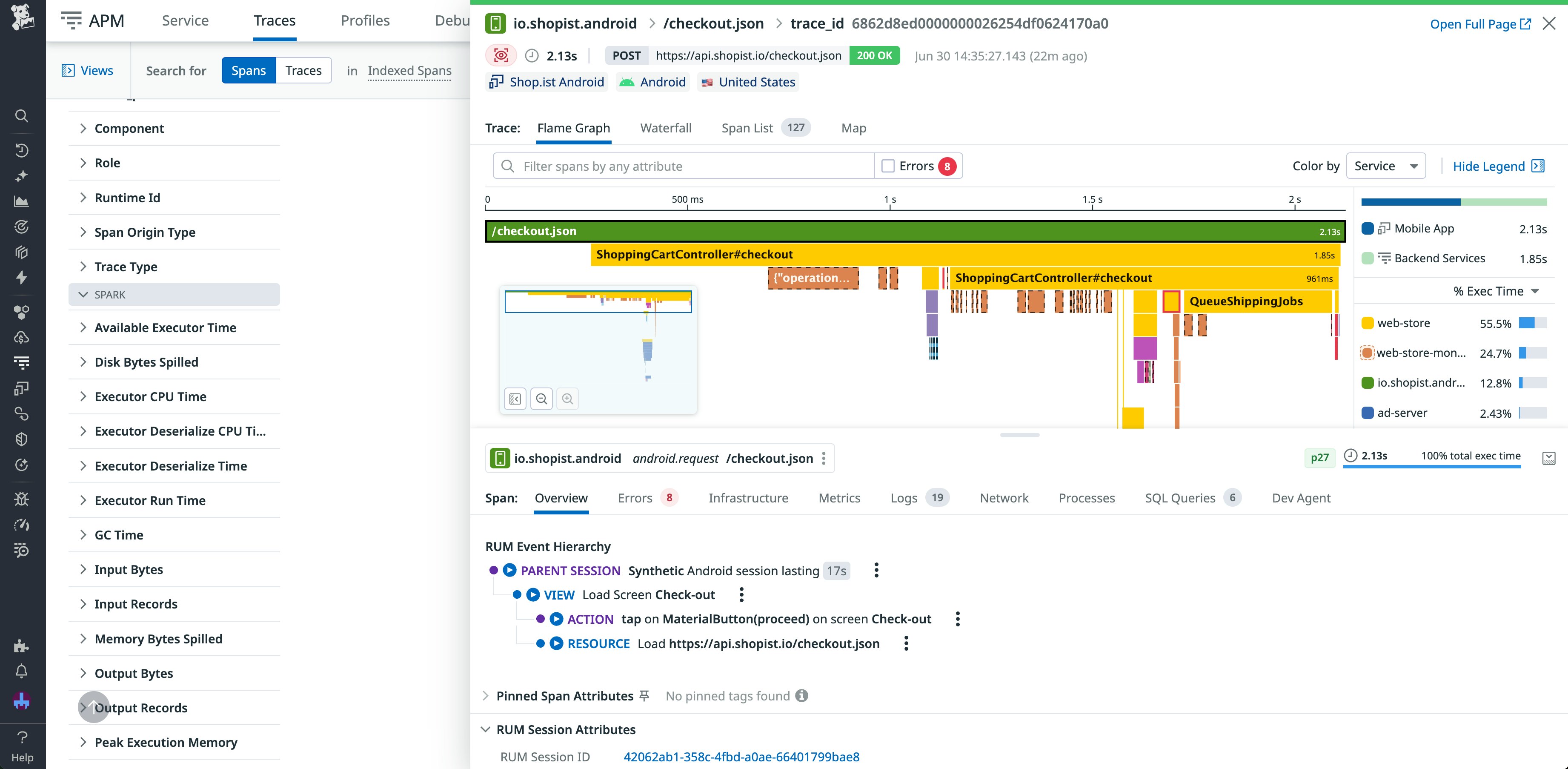 Datadog unifies traces with relevant frontend data for cross-stack visibility. Datadog unifies traces with relevant frontend data for cross-stack visibility.