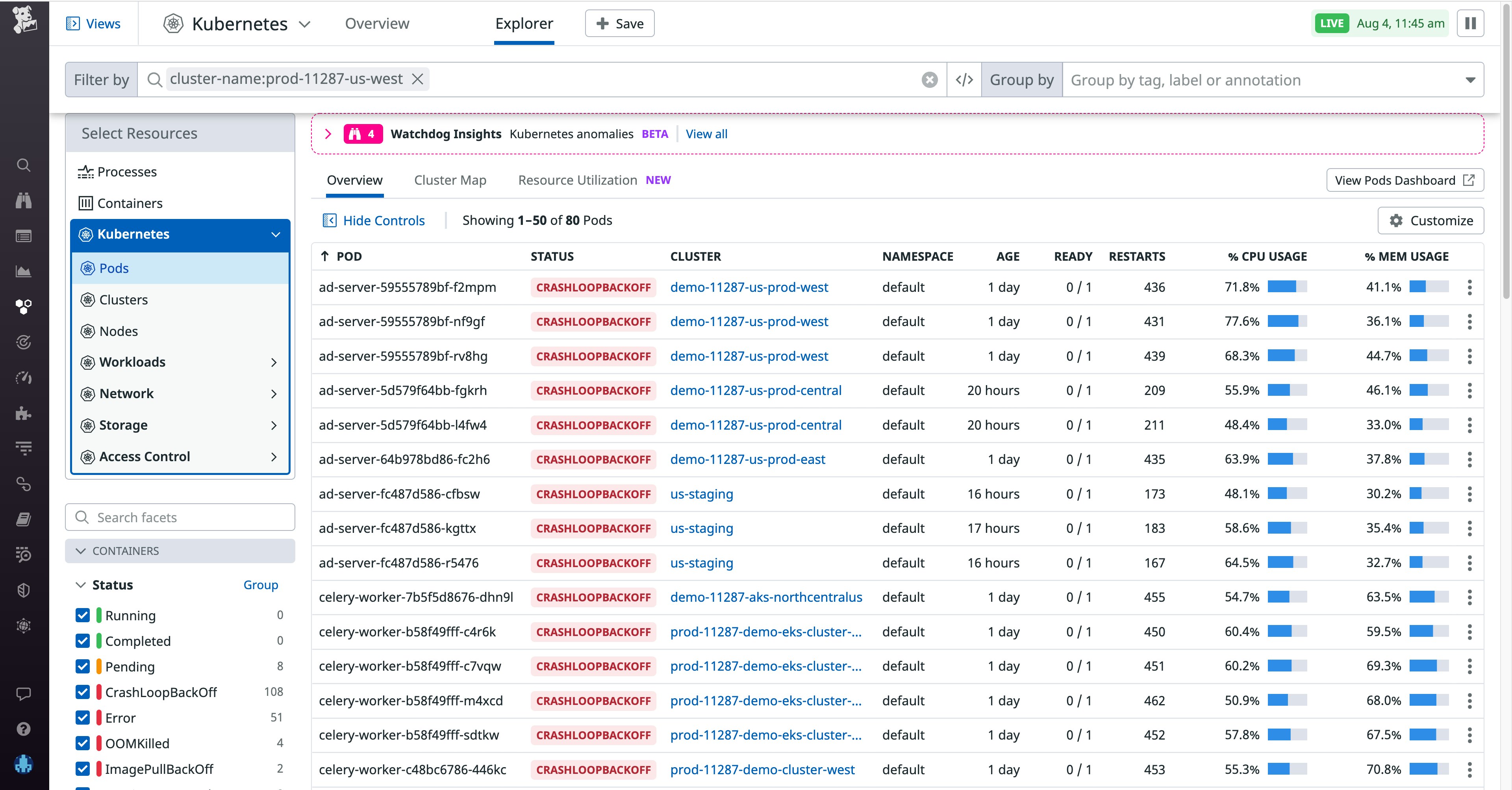 The Live Container view shows all pods in a CrashLoopBackoff phase The Live Container view shows all pods in a CrashLoopBackoff phase