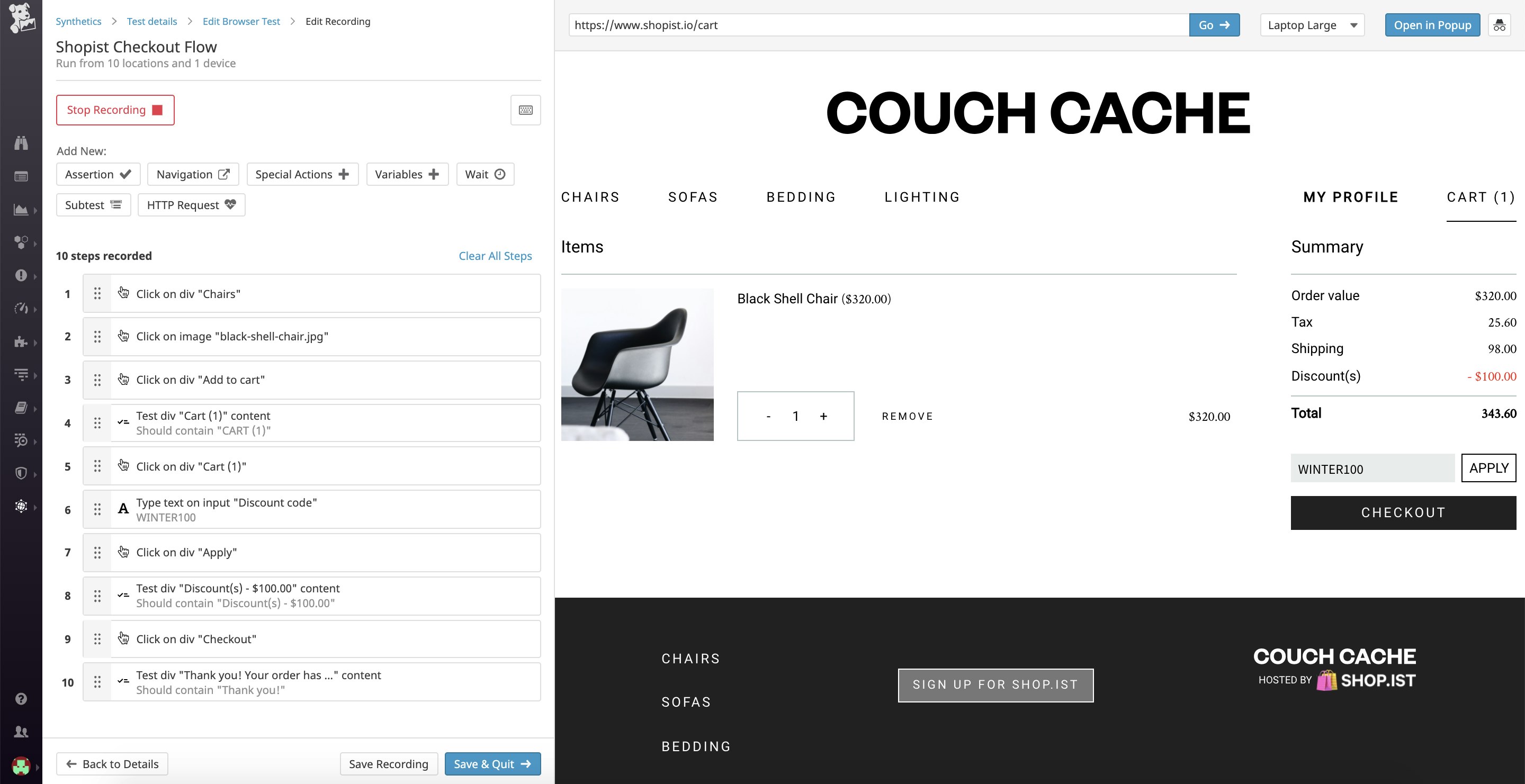 In this checkout flow, we are adding a chair to our cart, entering a discount code, and checking out. In this checkout flow, we are adding a chair to our cart, entering a discount code, and checking out.