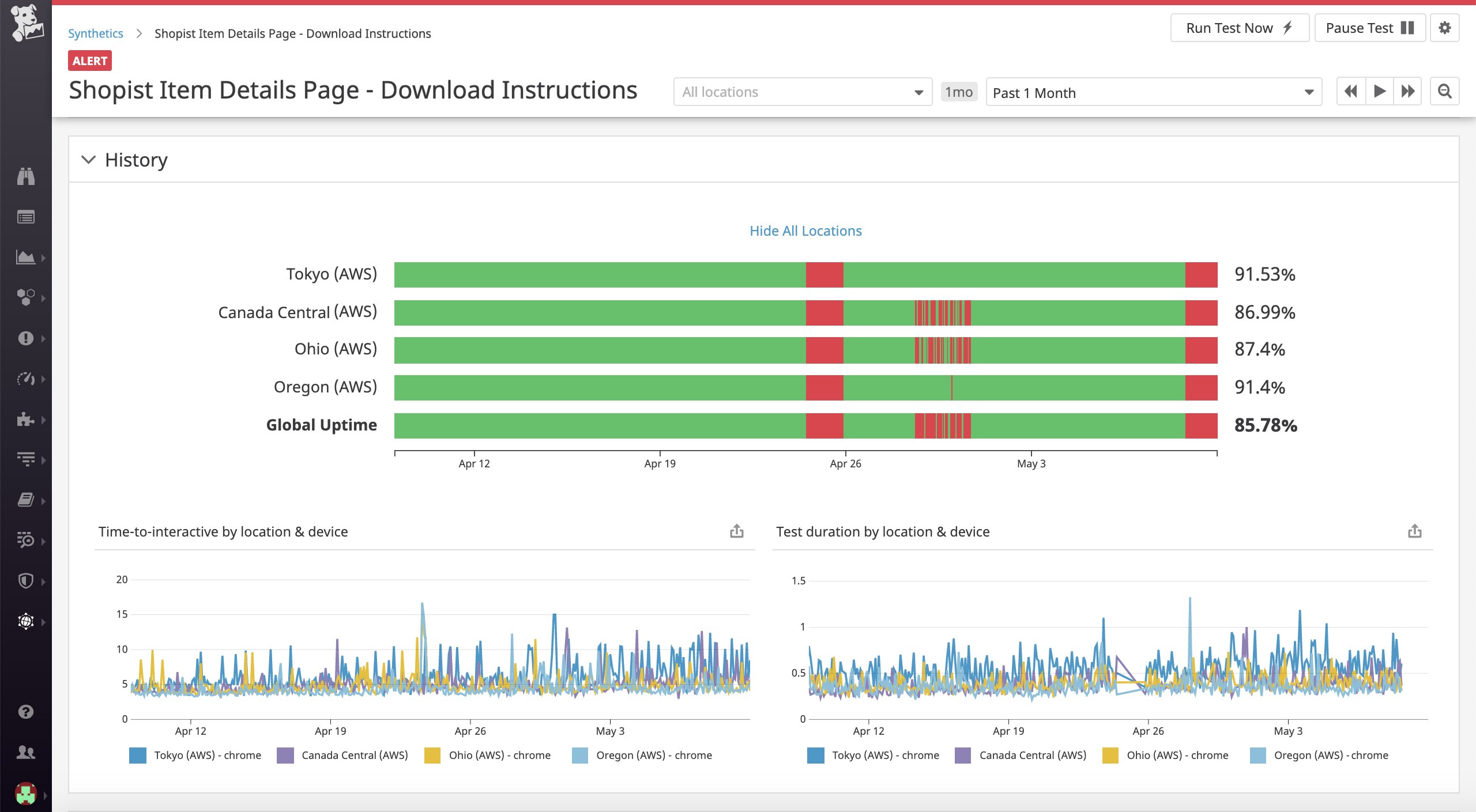 Within each test, you'll be able to view statistics on uptime, time-to-interactive, and test duration across locations and devices. Within each test, you'll be able to view statistics on uptime, time-to-interactive, and test duration across locations and devices.