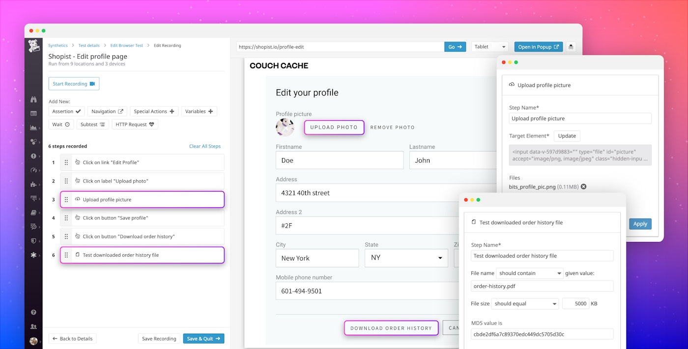 Test file uploads and downloads with Datadog Synthetic browser tests Test file uploads and downloads with Datadog Synthetic browser tests