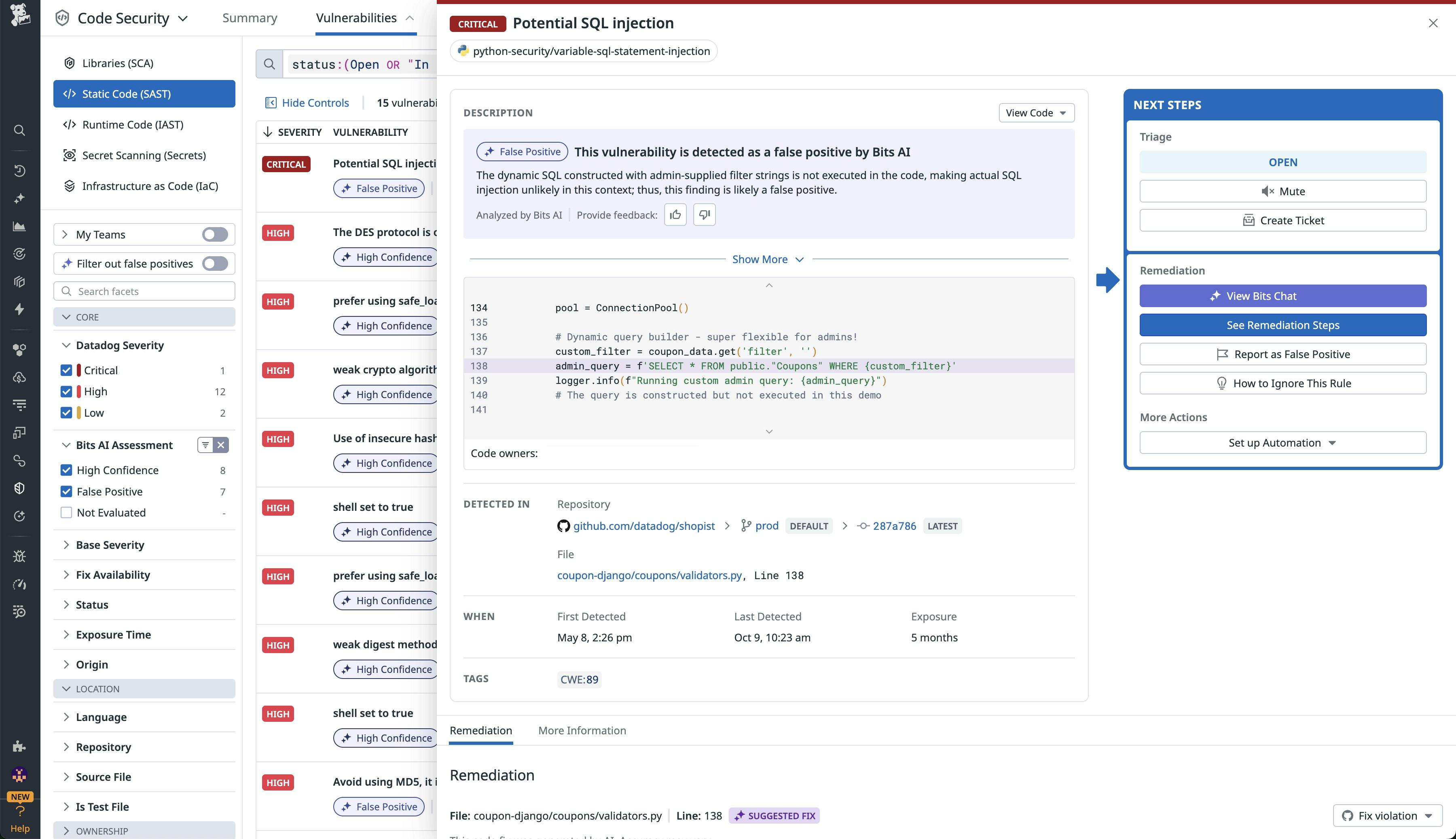 Screenshot showing a potential SQL injection security vulnerability