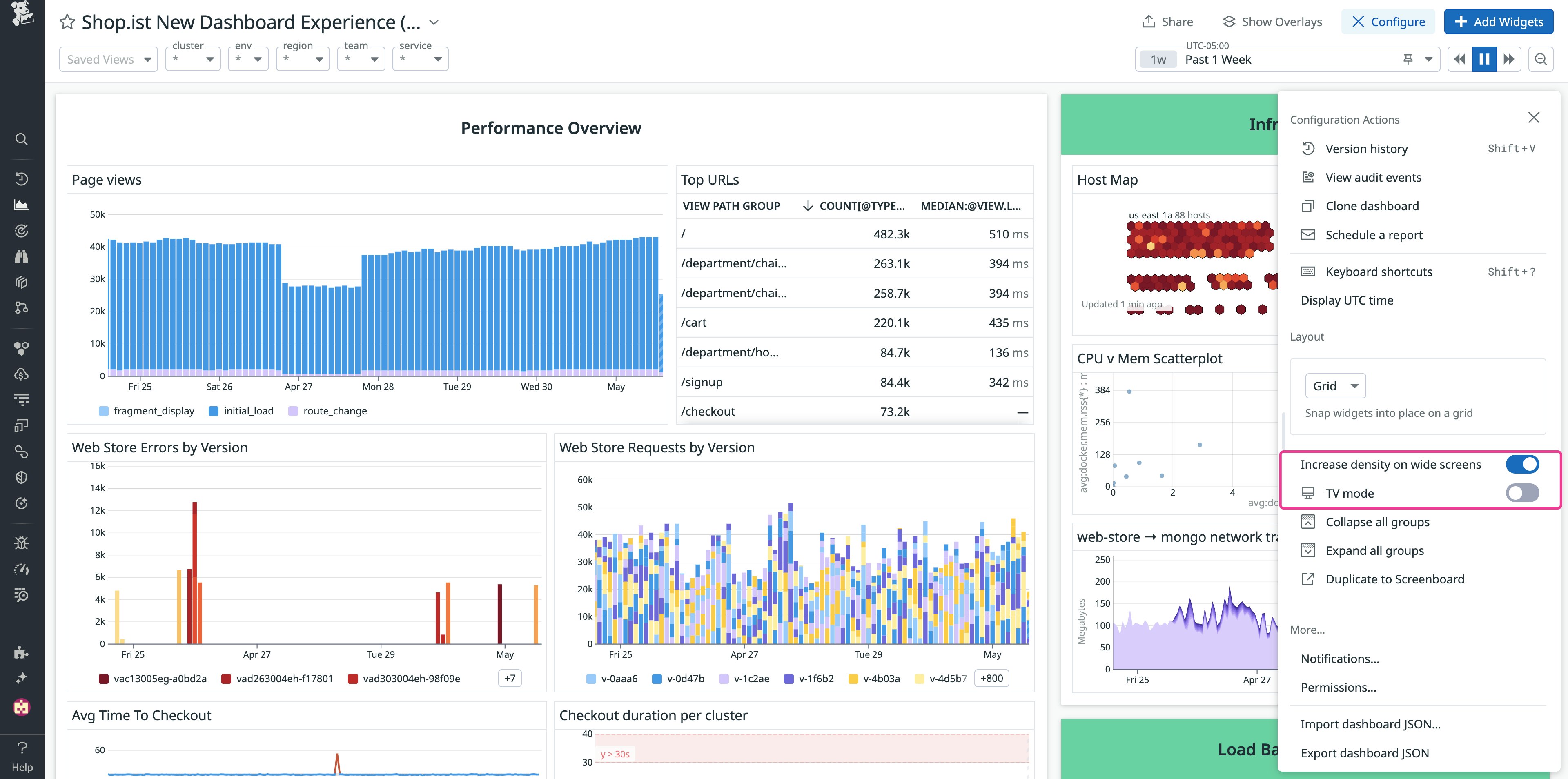 View of high-density mode and TV mode options for Datadog dashboards View of high-density mode and TV mode options for Datadog dashboards