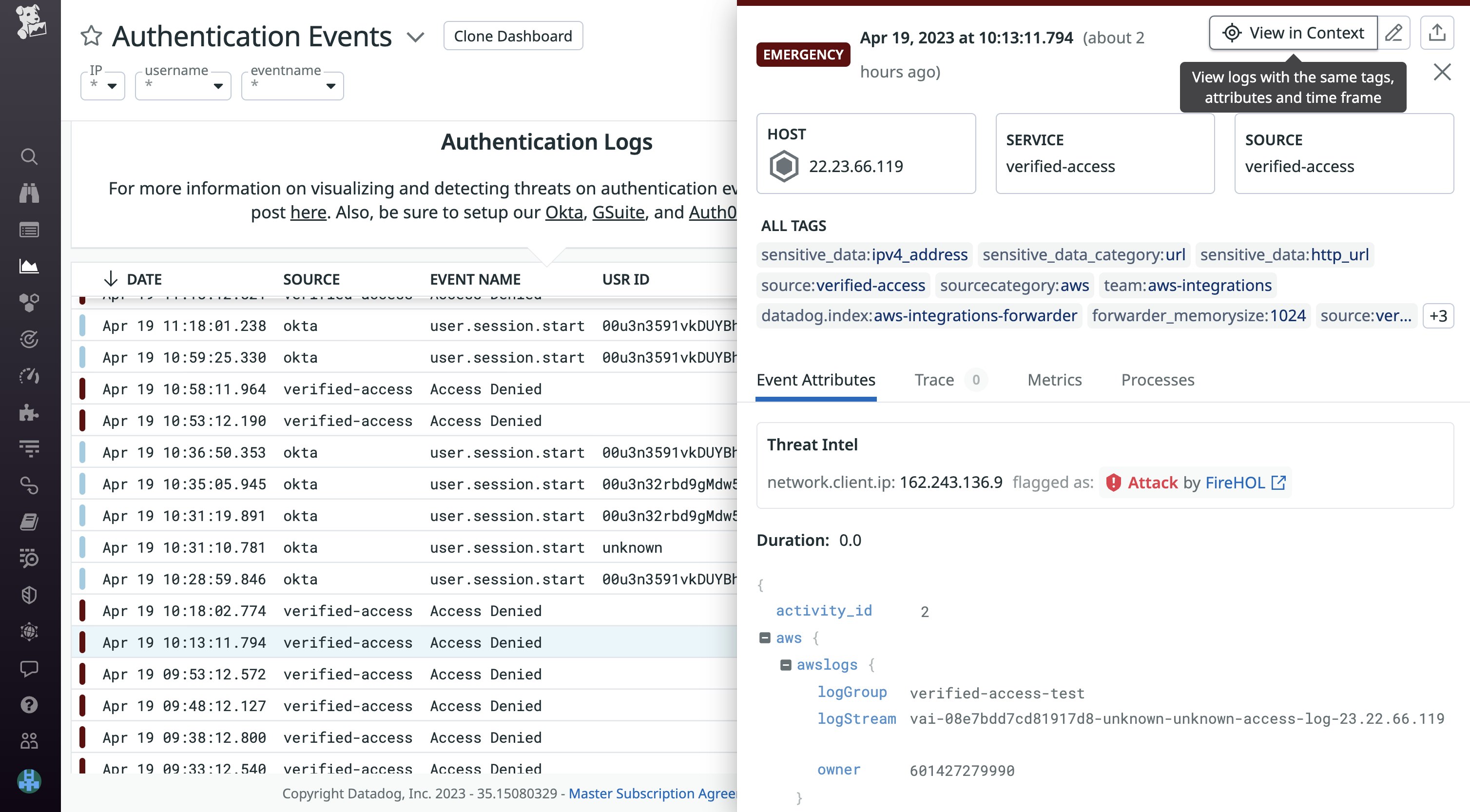 View authentication events in context with other logs generated from the same host, around the same time. View authentication events in context with other logs generated from the same host, around the same time.