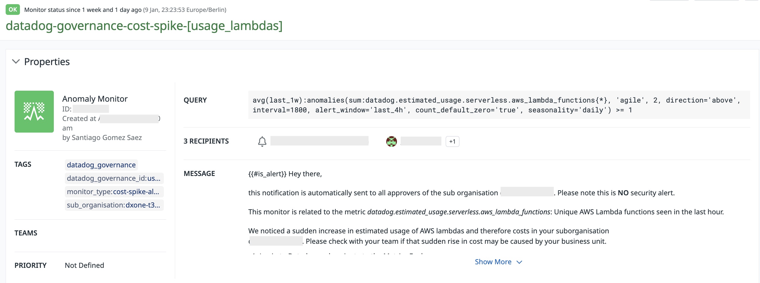 A Datadog anomaly monitor. A Datadog anomaly monitor.