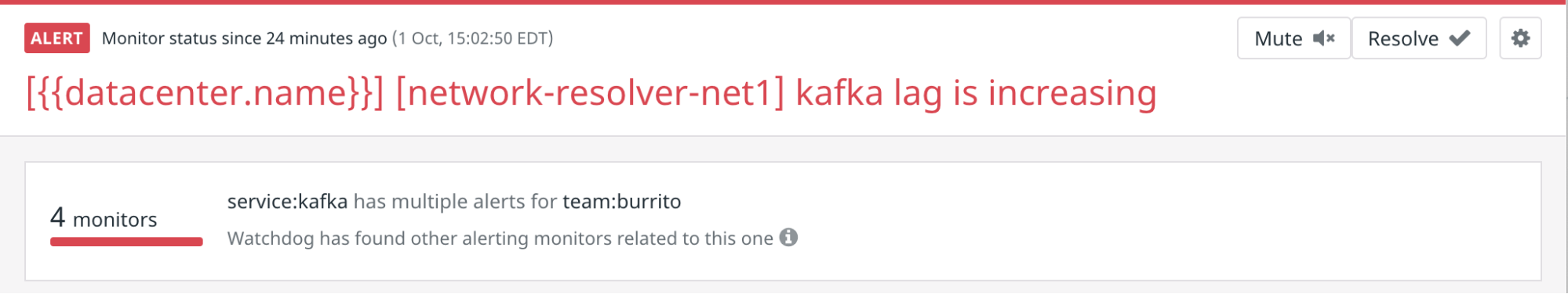スクリーンショットは、Kafka サービスのラグが増加していることを示すアラートを示し、Watchdog が同じくトリガーされた 4 つの関連するアラートを検出したことを示しています。 スクリーンショットは、Kafka サービスのラグが増加していることを示すアラートを示し、Watchdog が同じくトリガーされた 4 つの関連するアラートを検出したことを示しています。