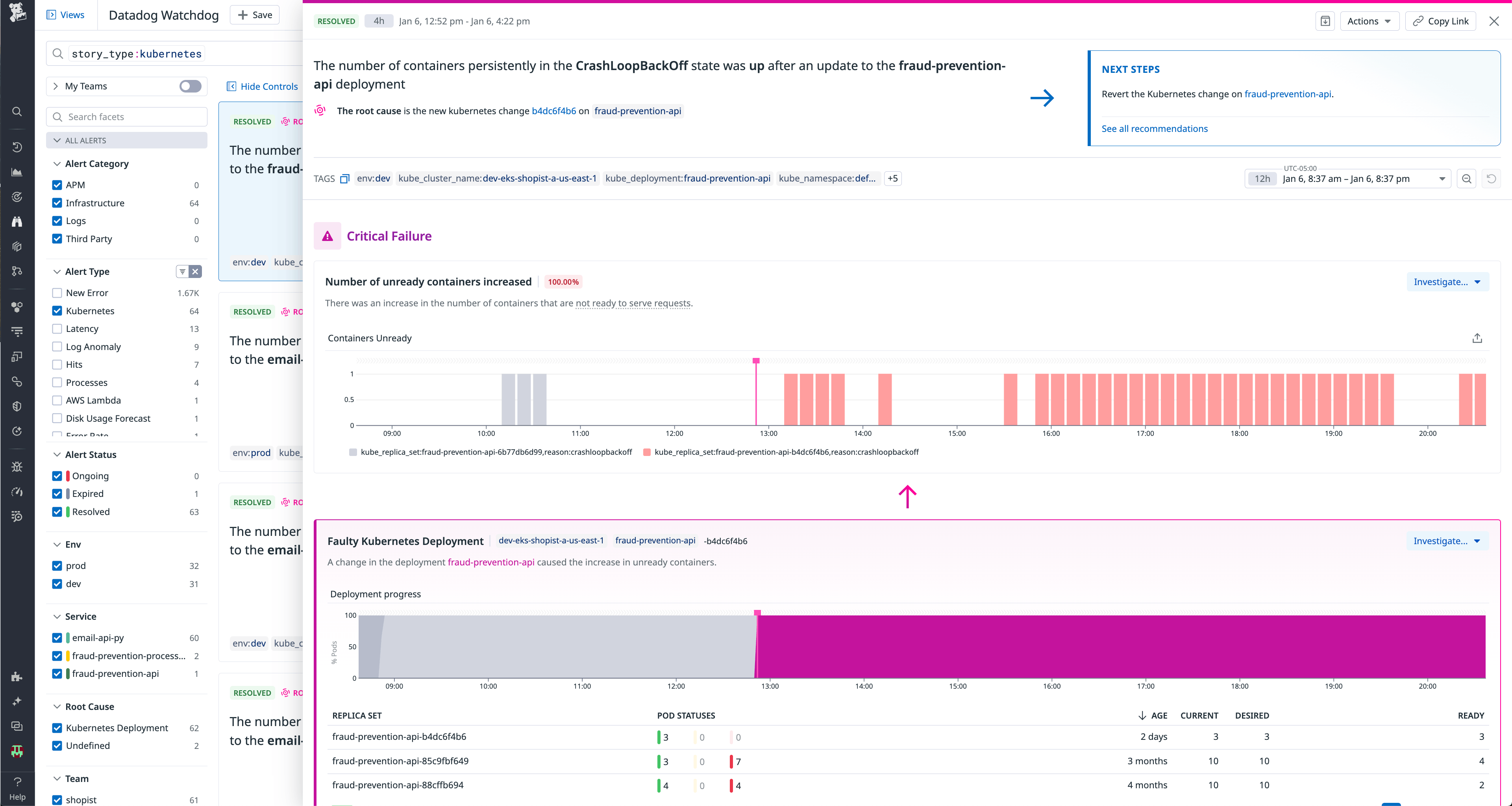 Overview of the Watchdog feed, showing critical issues and the faulty Kubernetes deployment detection. Overview of the Watchdog feed, showing critical issues and the faulty Kubernetes deployment detection.