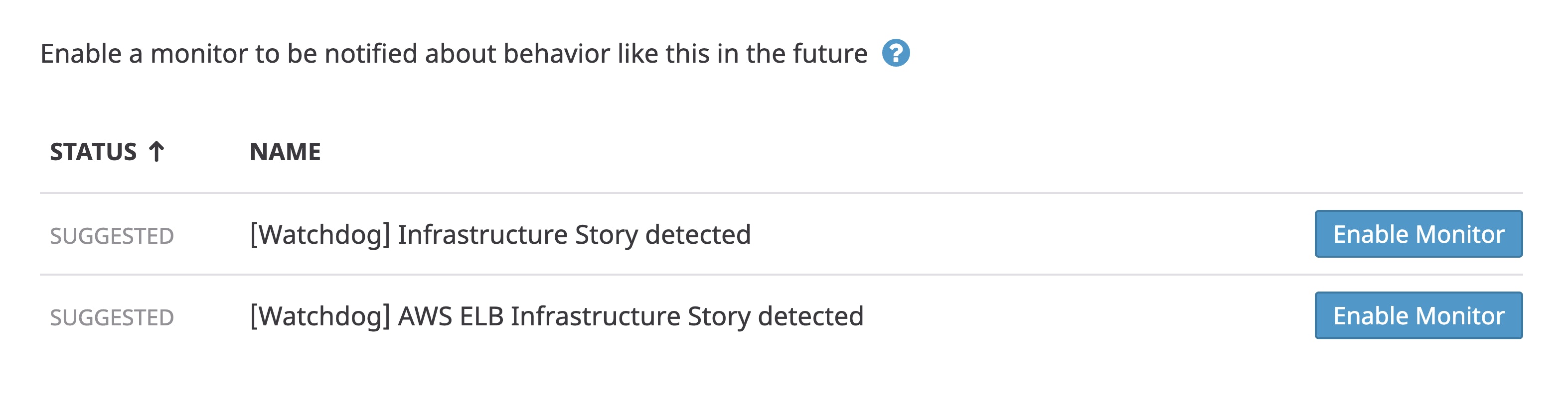 Watchdog for Infra のストーリーと、推奨モニターへのリンクが表示された行のハイライトのスクリーンショット。 Watchdog for Infra のストーリーと、推奨モニターへのリンクが表示された行のハイライトのスクリーンショット。