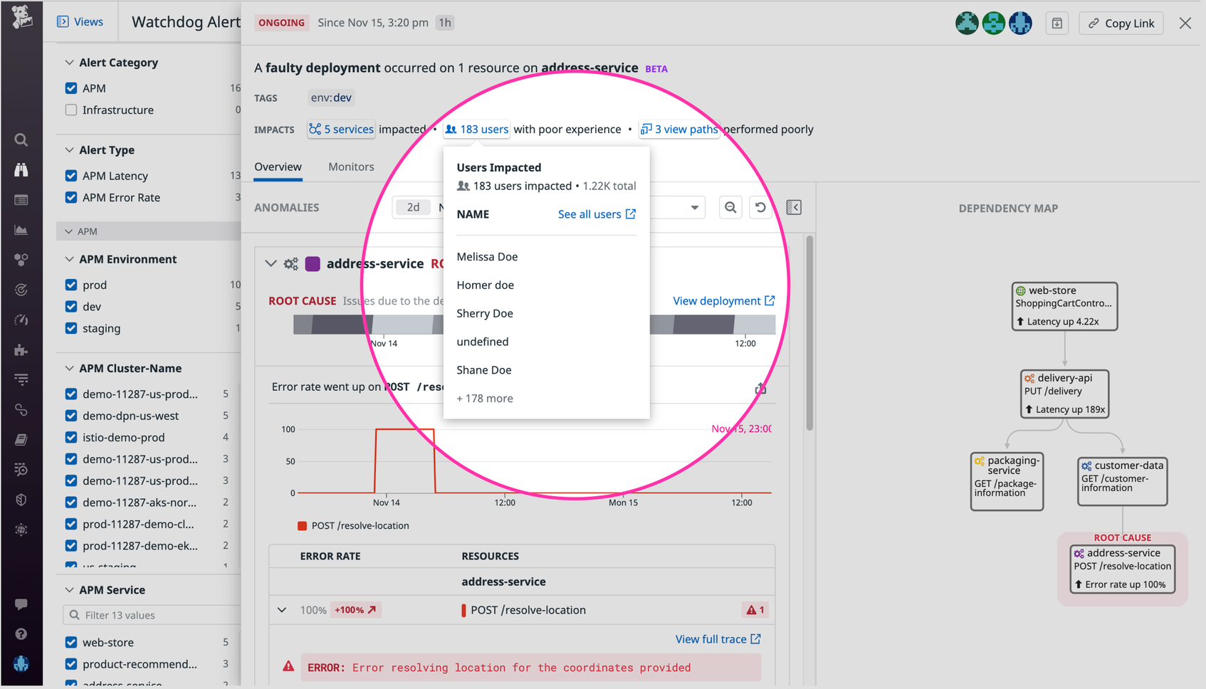 Understand the Scope of User Impact With Watchdog Impact Analysis | Datadog