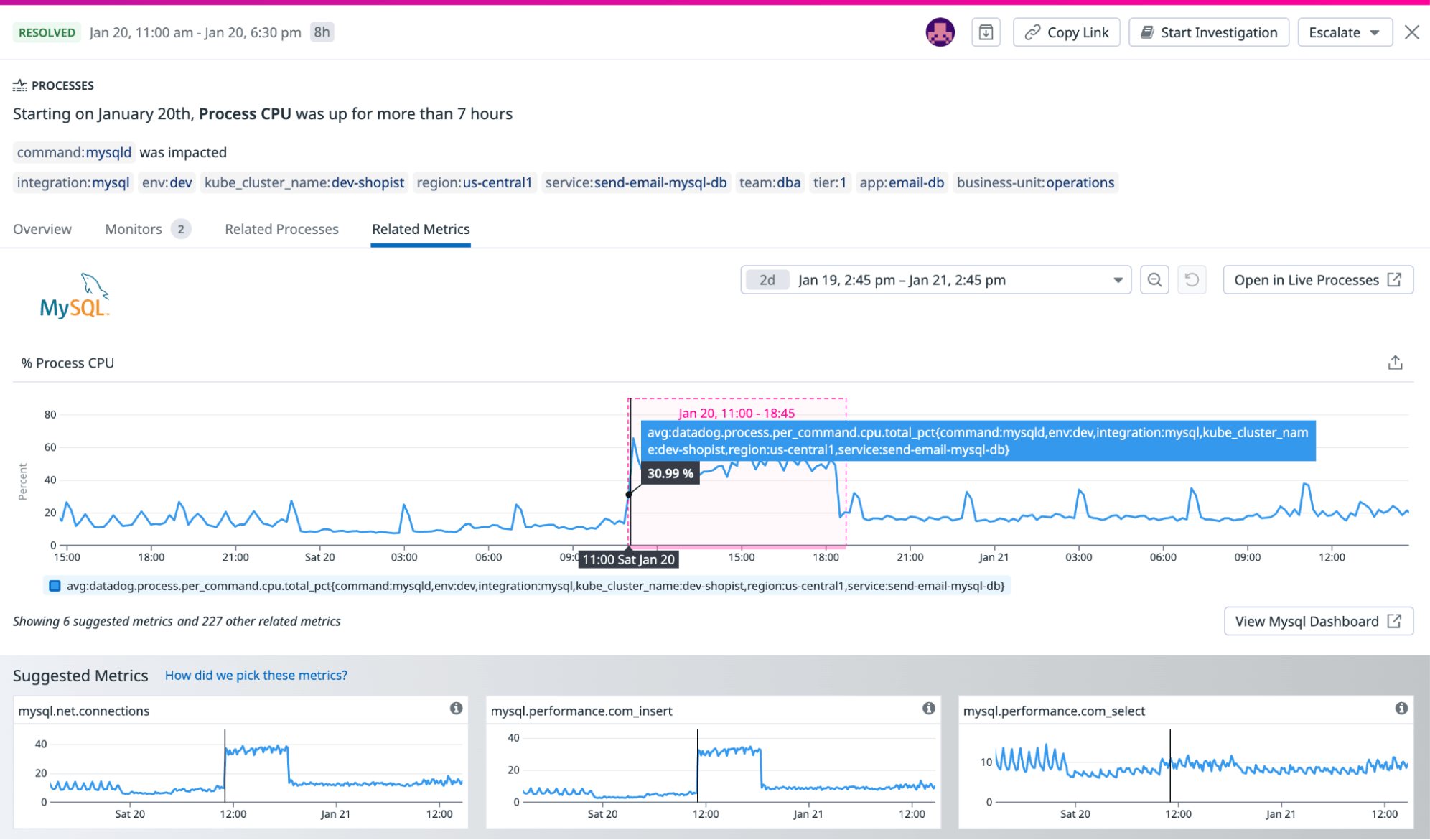 Related Metrics tab within a Watchdog story Related Metrics tab within a Watchdog story
