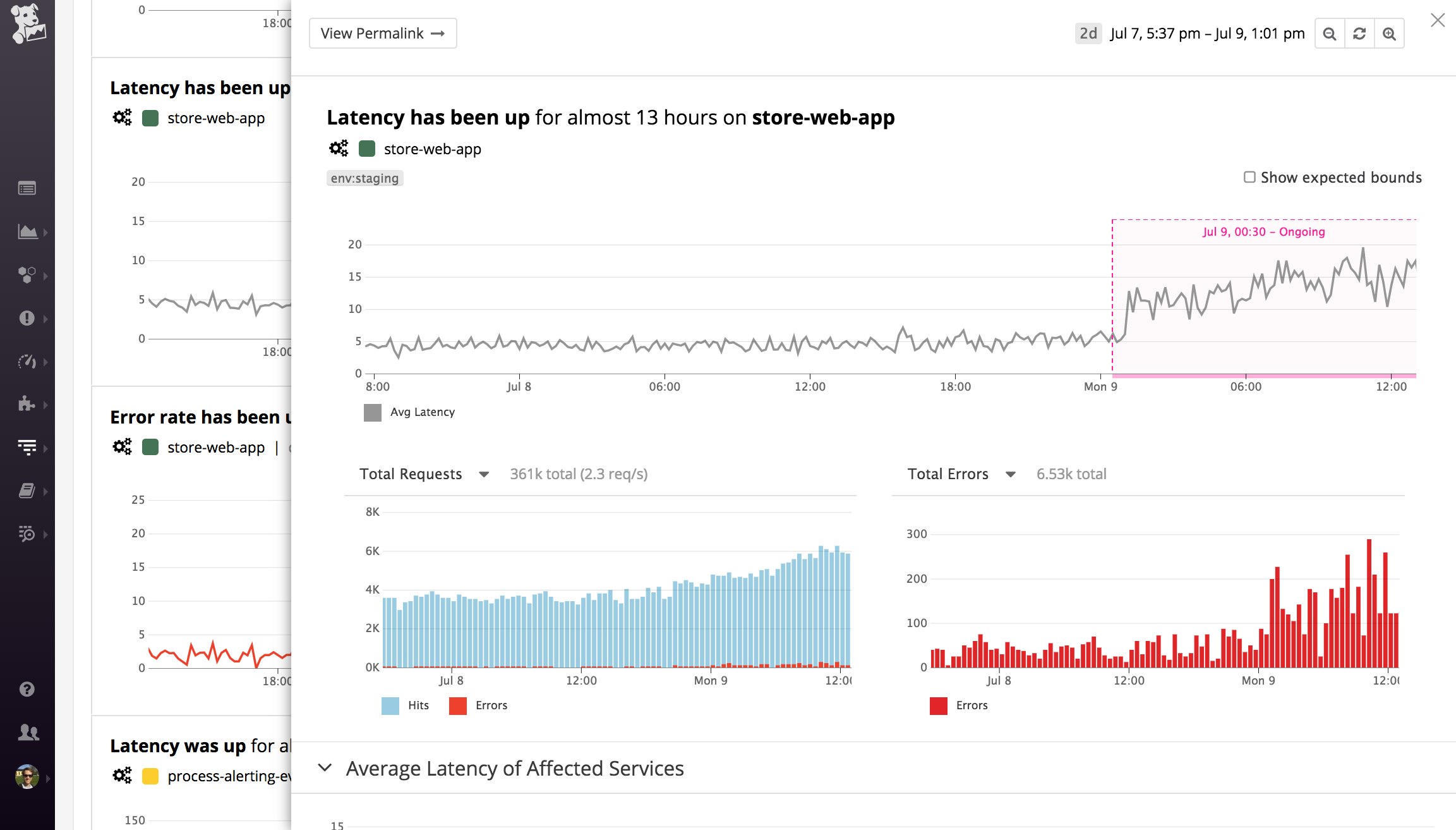 The detail page for a Watchdog event displays recent trends in the metric of interest, as well as a snapshot of performance metrics for the affected service or endpoint. The detail page for a Watchdog event displays recent trends in the metric of interest, as well as a snapshot of performance metrics for the affected service or endpoint.