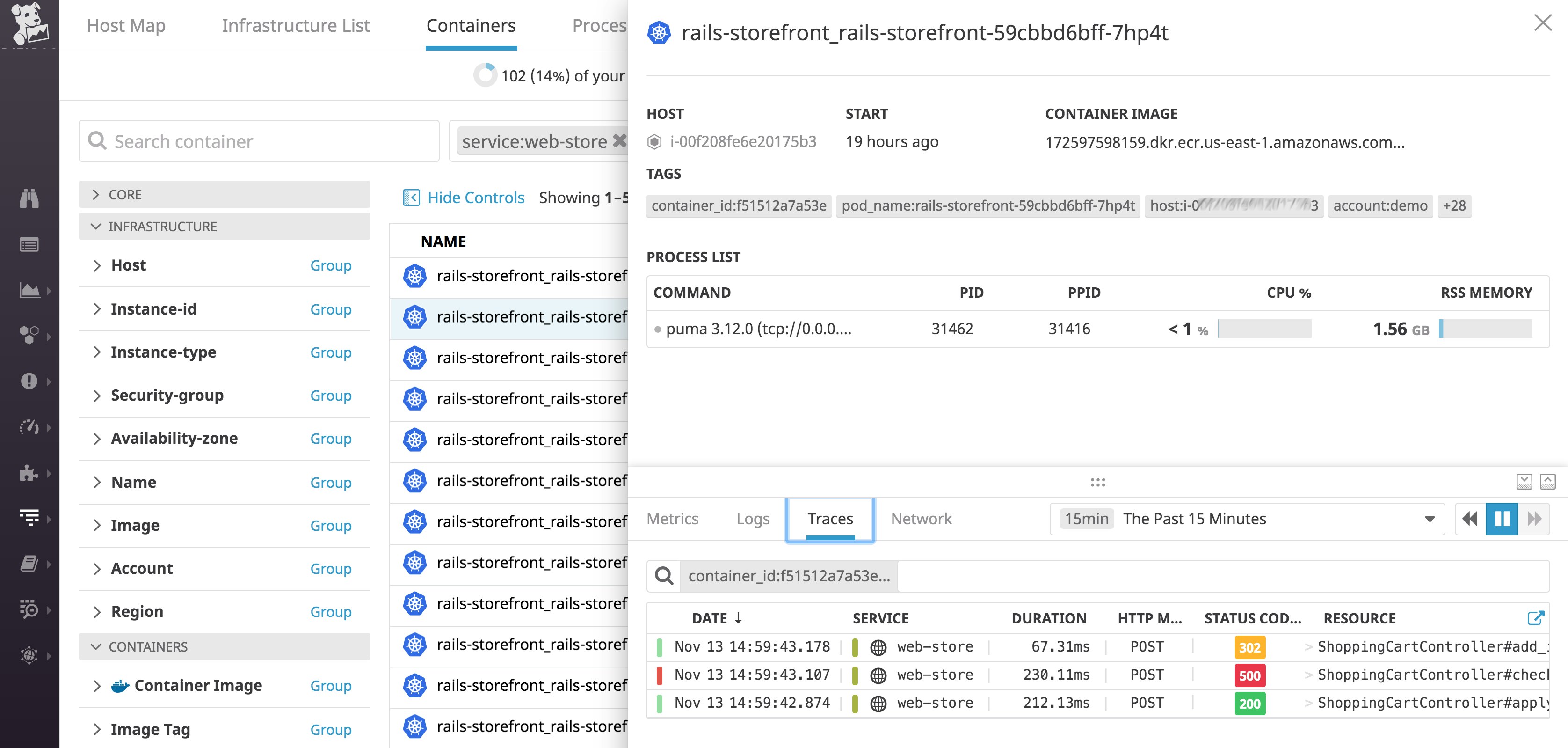 Kubernetes クラスターの一覧と、それぞれの CPU、メモリー、ネットワークメトリクスがコンテナビューに表示されている様子 Kubernetes クラスターの一覧と、それぞれの CPU、メモリー、ネットワークメトリクスがコンテナビューに表示されている様子