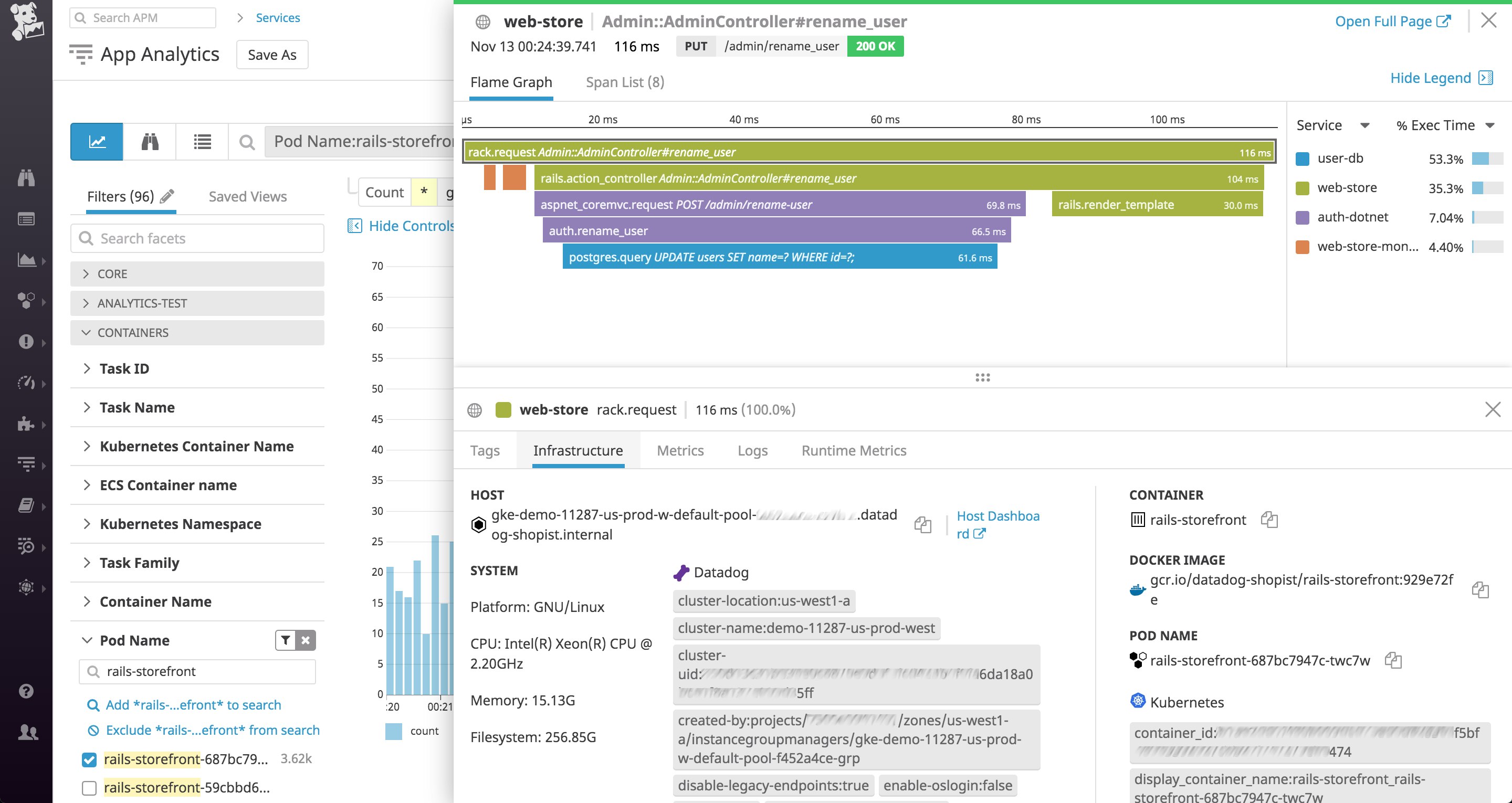Datadog のフレームグラフは実行されたリクエストのタイムラインを示します。1 つのスパンにカーソルを合わせると、リクエストを処理したホストに適用されたタグが確認できます。 Datadog のフレームグラフは実行されたリクエストのタイムラインを示します。1 つのスパンにカーソルを合わせると、リクエストを処理したホストに適用されたタグが確認できます。