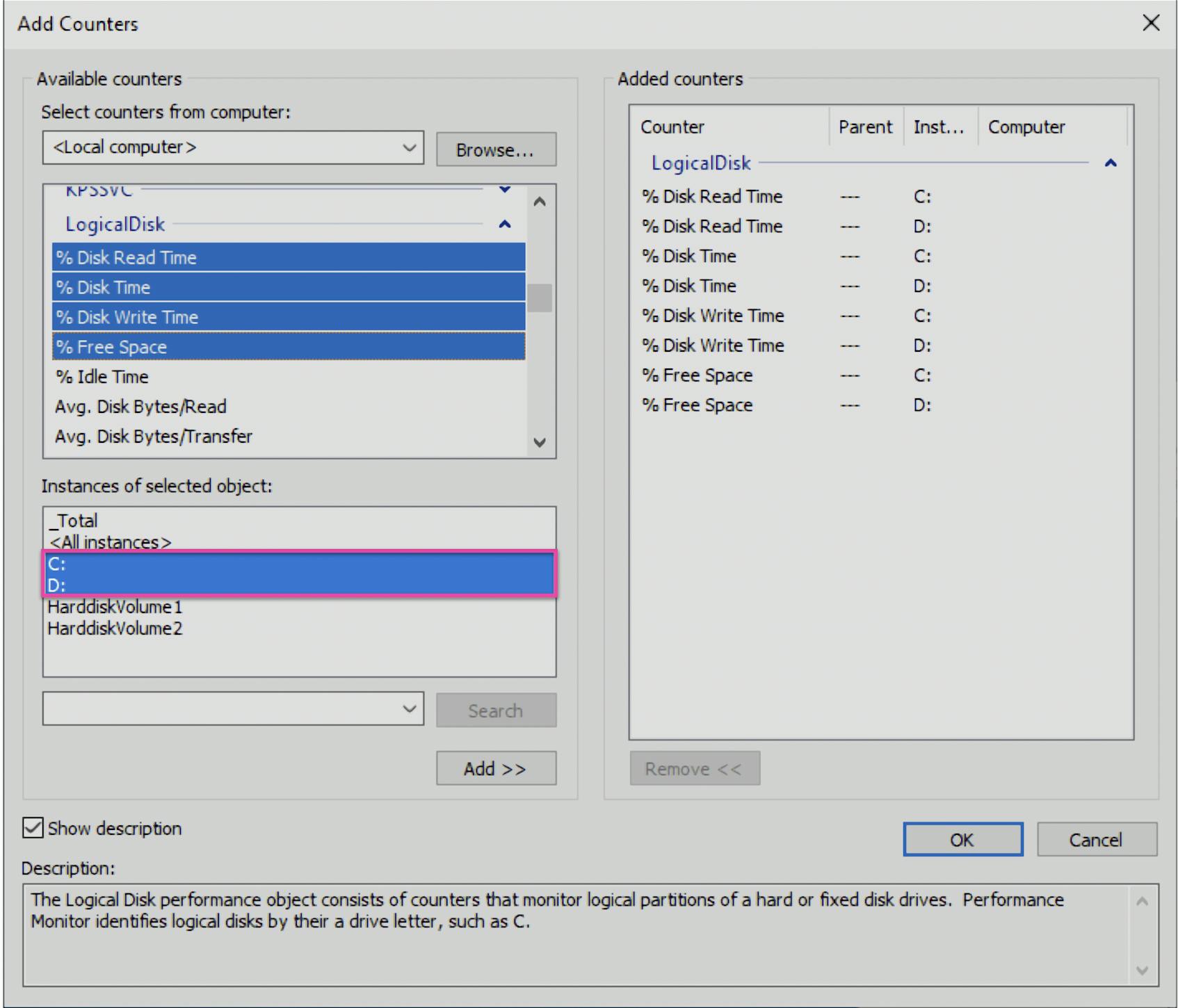C and D instances from the LogicalDisk counterset
