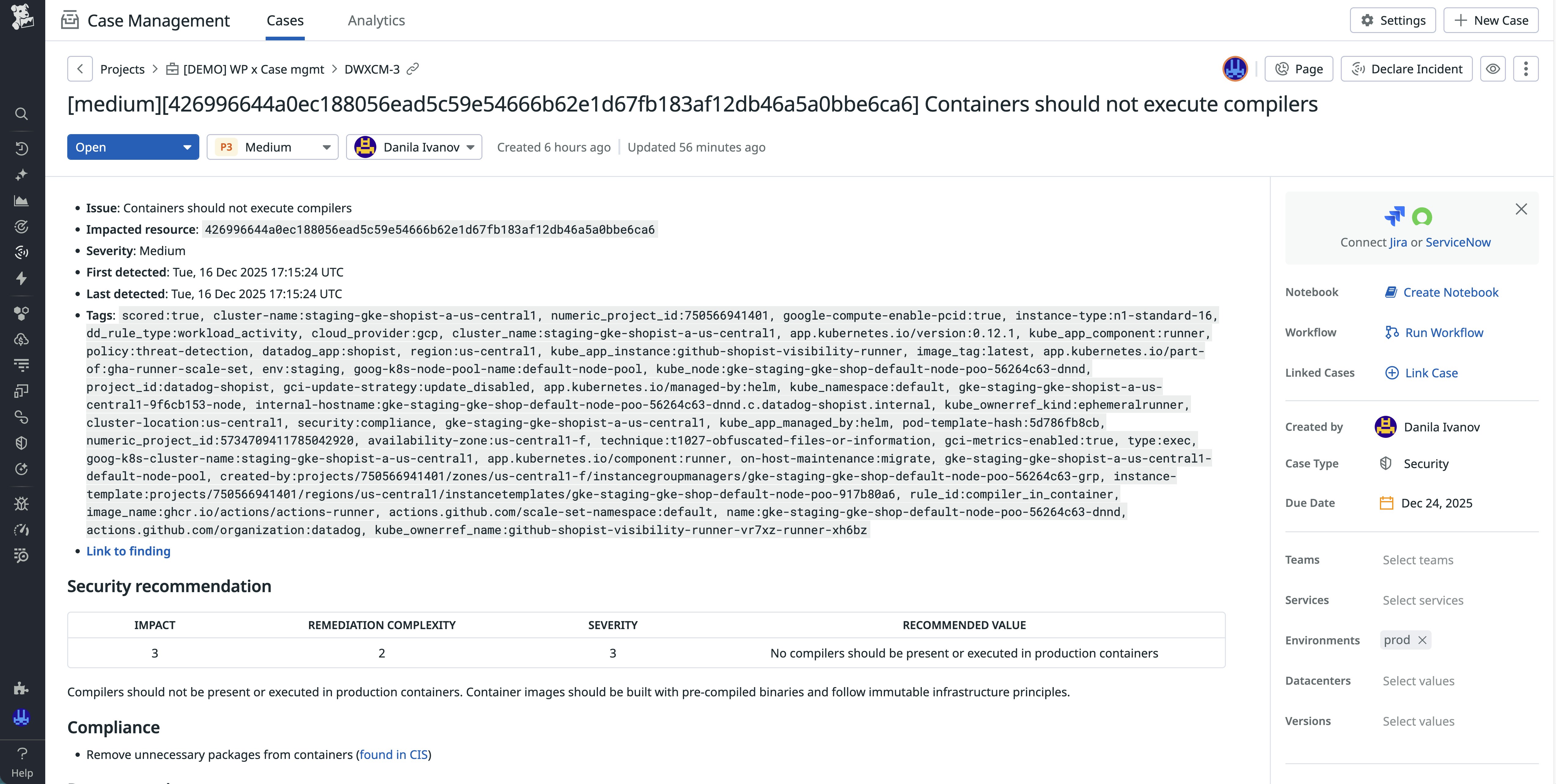 Screenshot of Case Management that shows a case created from a finding with assigned owner and status. Screenshot of Case Management that shows a case created from a finding with assigned owner and status.