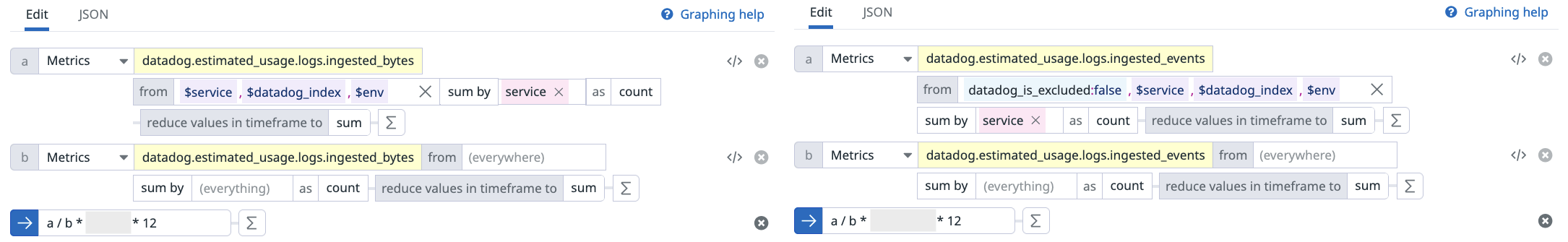 Query editor calculating log ingestion bytes and events by service and index. Query editor calculating log ingestion bytes and events by service and index.