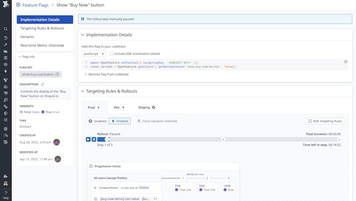 Datadog Feature Flags natively integrates observability data with feature flags