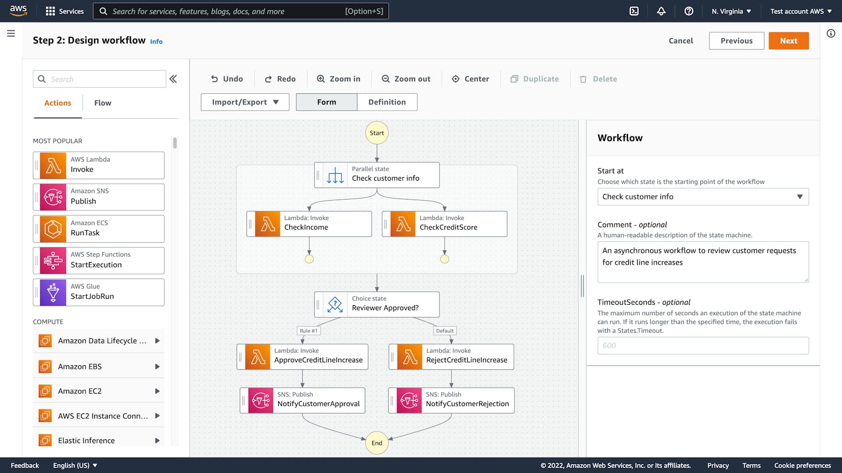 Sample Step Functions workflow for a credit line increase request requiring human approval.