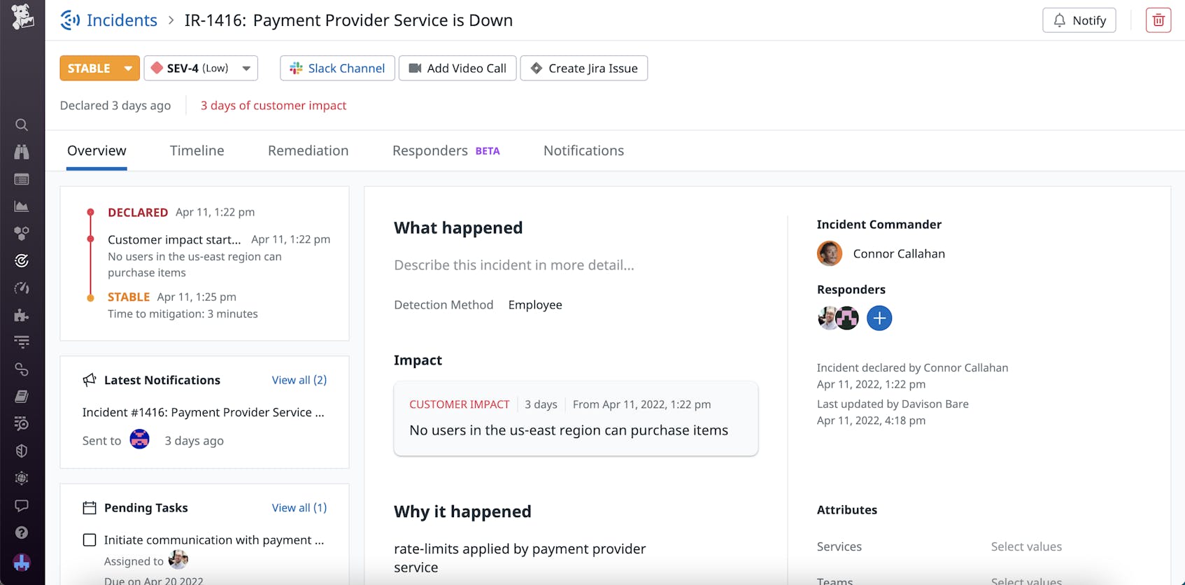 Overview of an incident page for a payment provider issue, with details such as the incident description, impact, and commander displayed.