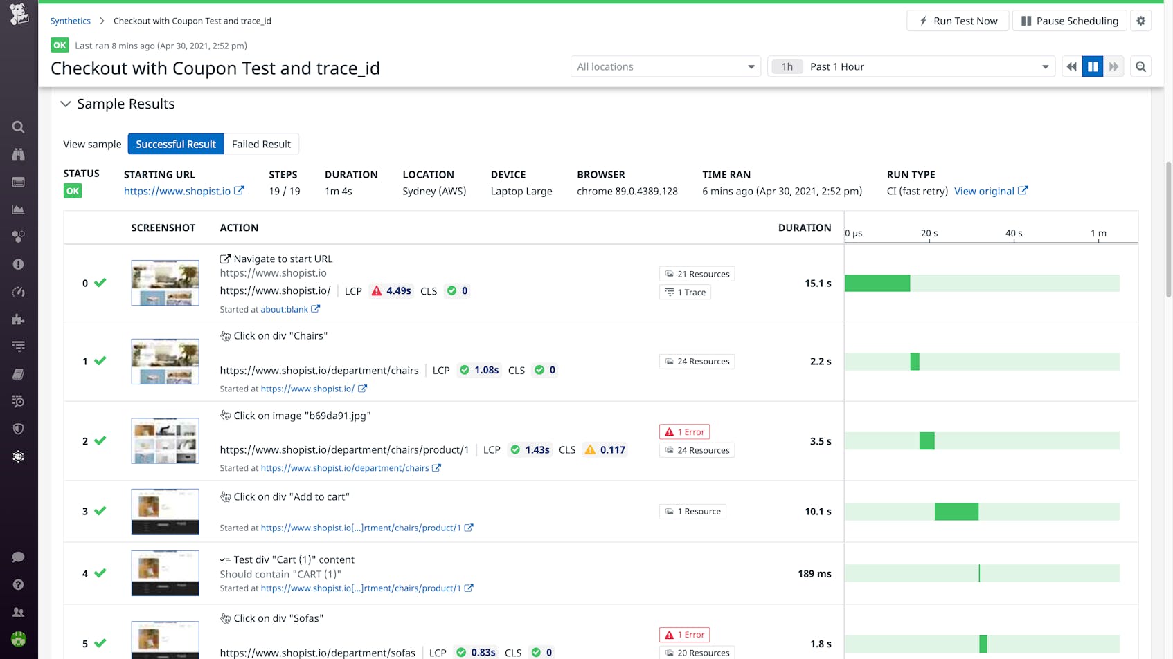 Datadog synthetic tests show you the end user’s perspective with screenshots of each recorded step