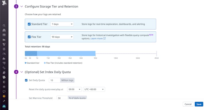 Flexibly store all logs at any retention and querying capacity Configure storage tier and retention