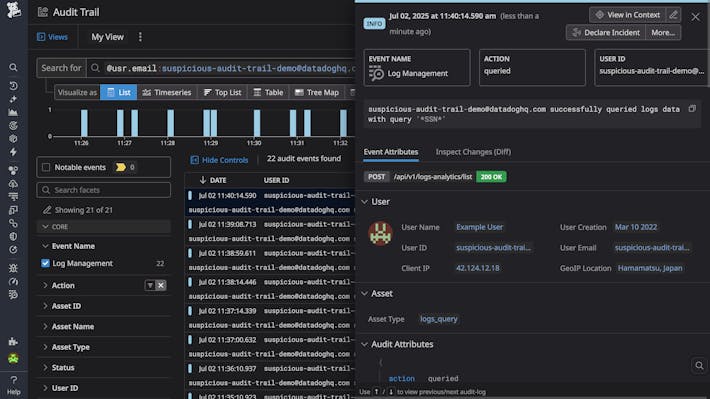 Monitor user activity across the Datadog platform to maintain compliance, enforce platform governance, and build transparency