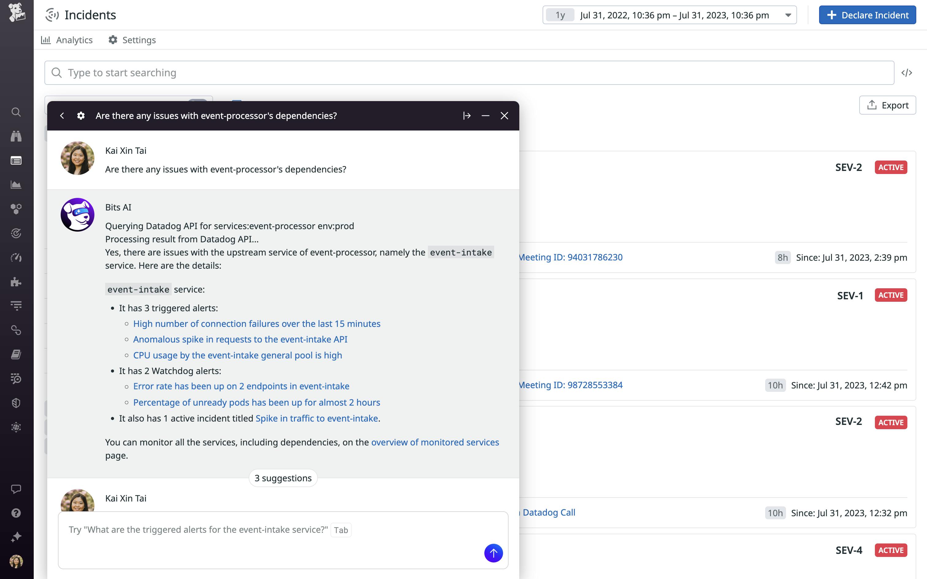 Bits AIは、会話プロンプトからオブザーバビリティ・データ、インシデント、トリガーされたアラート、その他の進行中の問題を表面化します