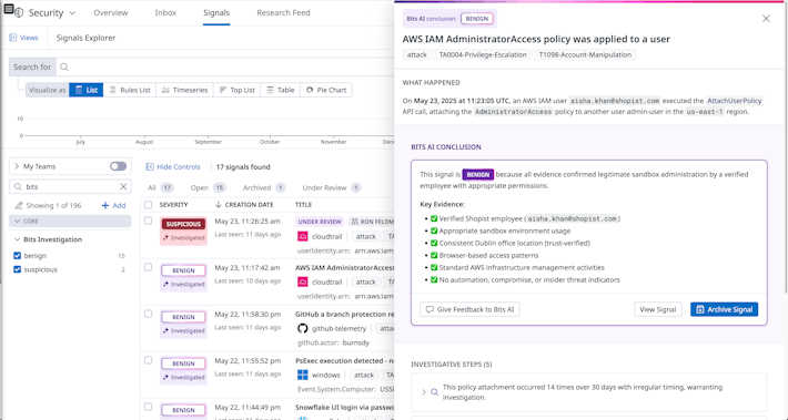Automate Cloud SIEM investigations with Bits AI Security Analyst Screenshot of Bits AI Security Analyst interface