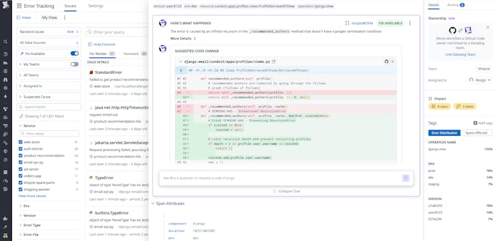 Fix errors faster with AI powered code fixes Bits Dev Agent interface screenshot