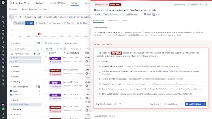 Automate threat investigations with agentic AI Cloud SIEM side panel showing Bits AI investigation of a suspicious Okta phishing signal with key evidence and recommended actions