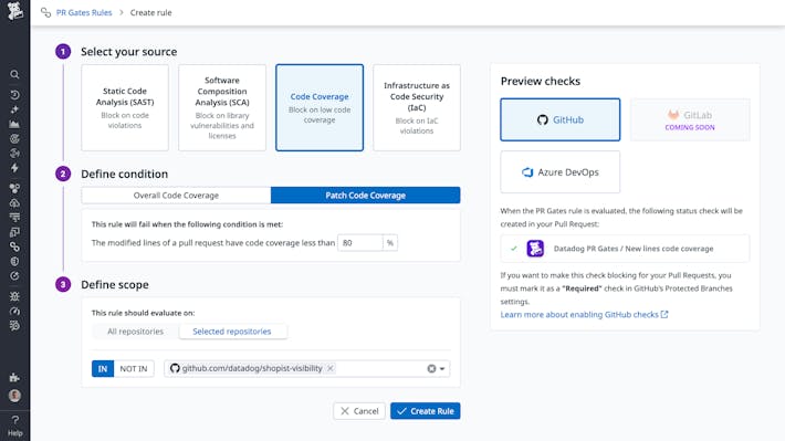 Enforce consistent testing standards with automated PR quality gates Pull request quality gate configuration showing code coverage rules and settings