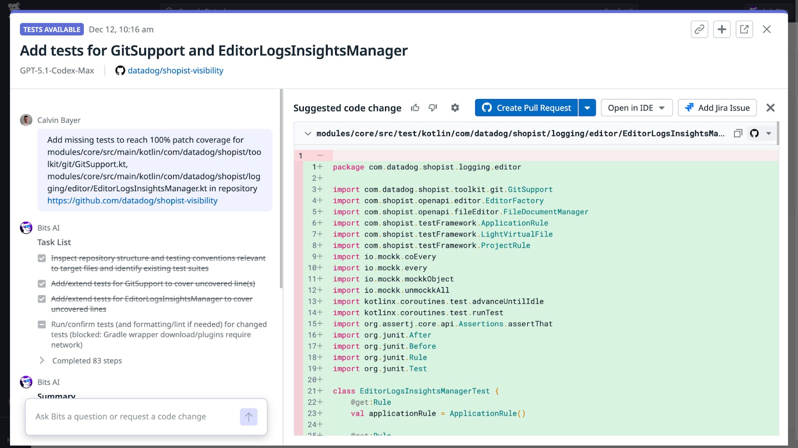 Code coverage insights showing test suggestions and AI-powered improvements