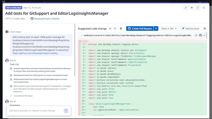 Improve test reliability with context-driven insights Code coverage insights showing test suggestions and AI-powered improvements