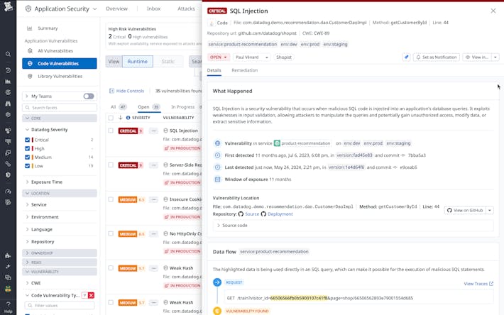 Detect vulnerabilities in your production code A SQL Injection vulnerability that was found in production code during runtime