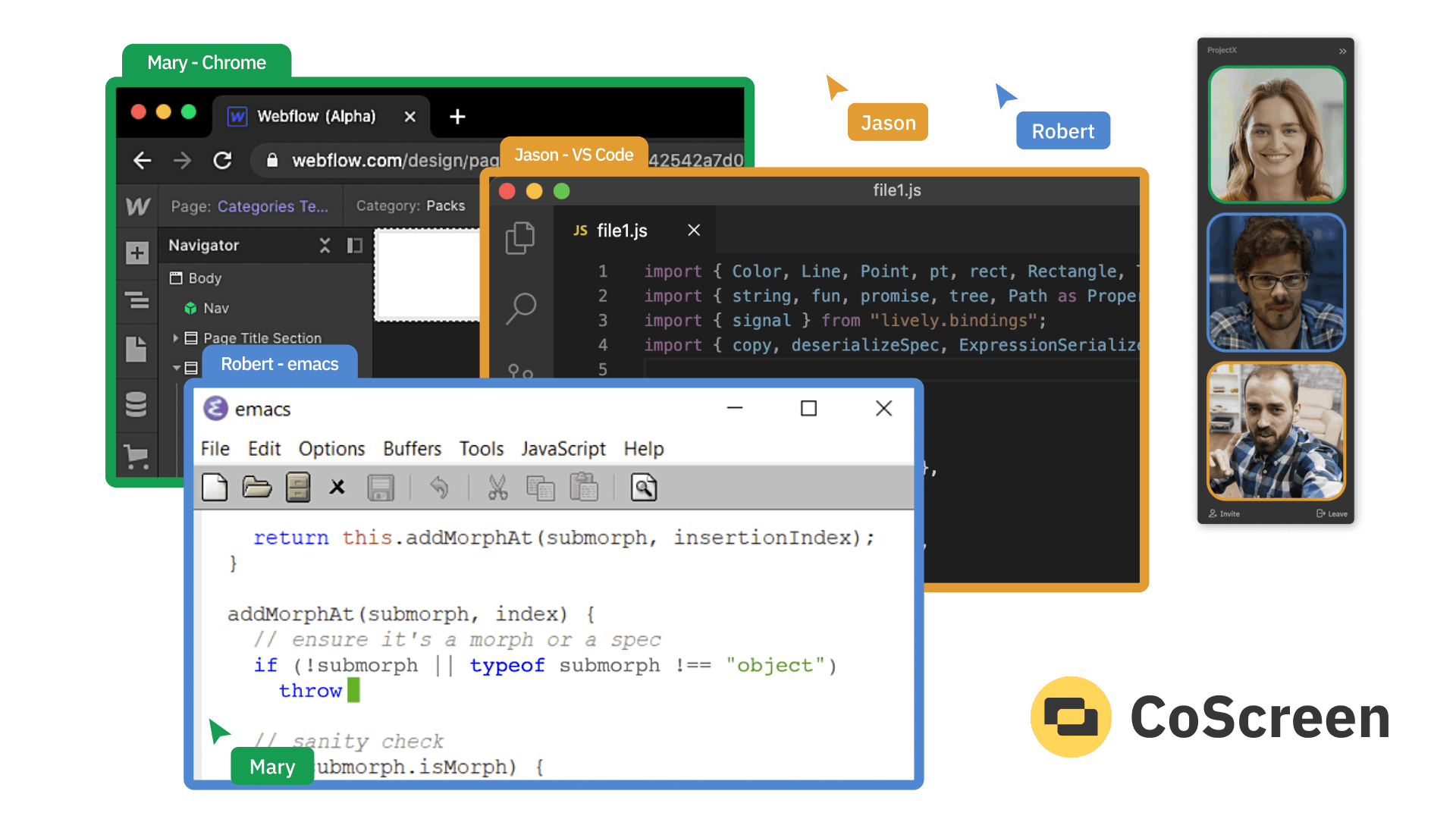 Three shared screens labeled with names of users who are sharing