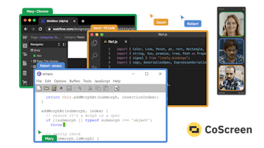Seamless, multi-user screen sharing Three shared screens labeled with names of users who are sharing
