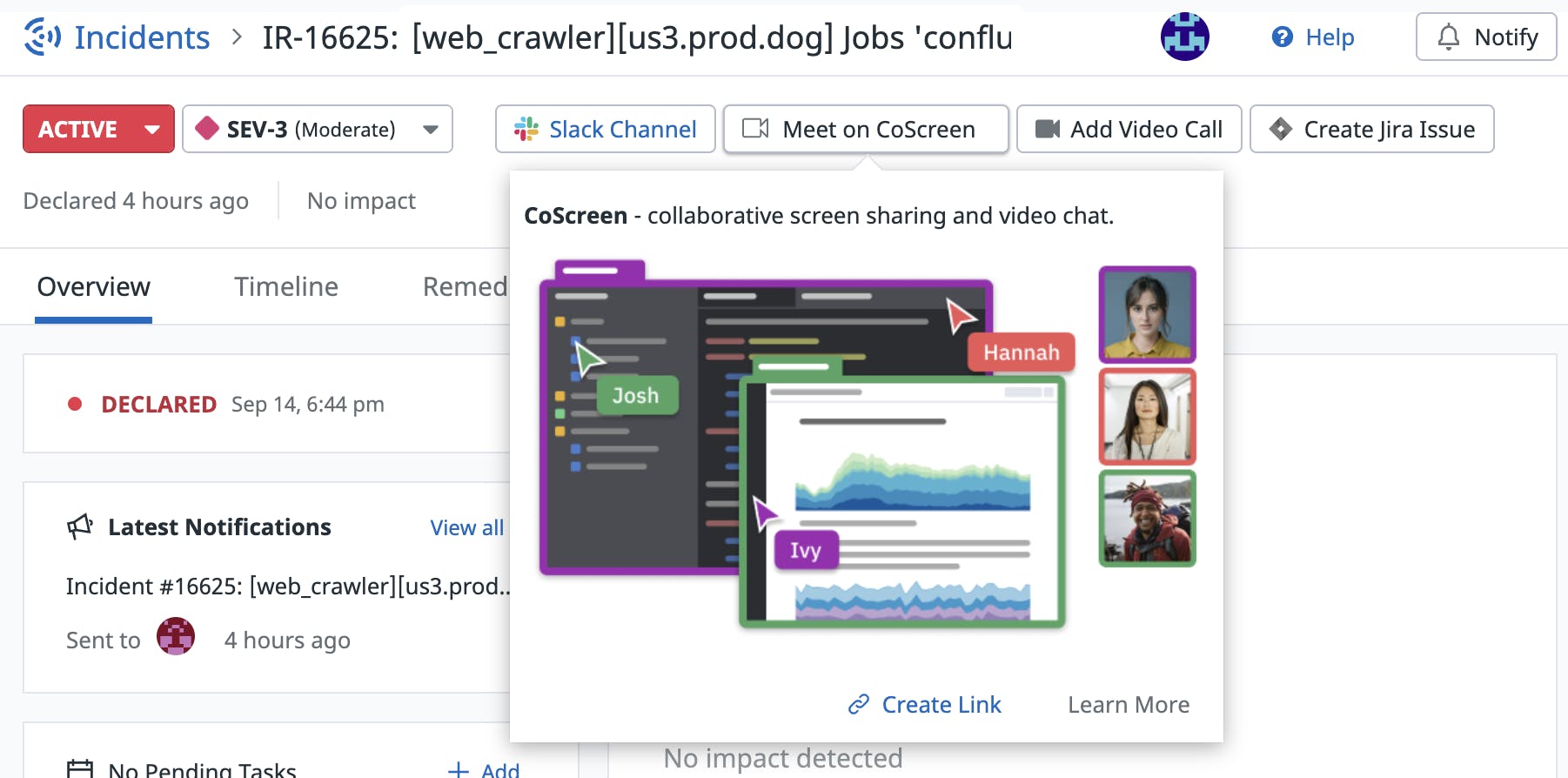CoScreen button and pop-up within an incident in Datadog Incident Management