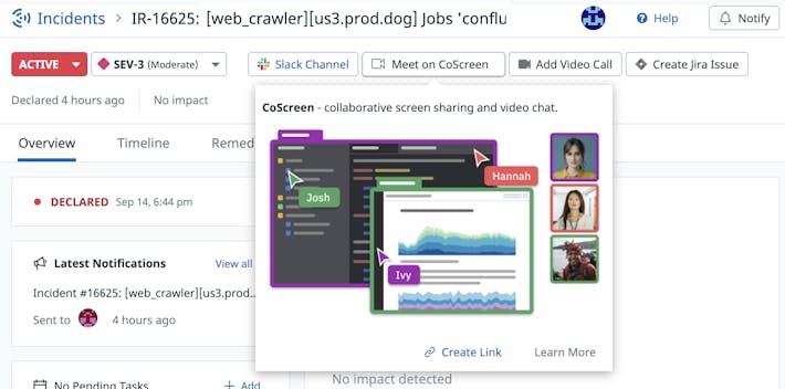 インシデントを迅速に解決 Datadog Incident Management のインシデント内にある CoScreen ボタンとポップアップ